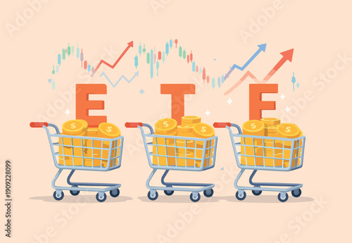 ETF, Exchange Traded Funds realtime mutual funds that tracking investment index trading in stock market concept, shopping carts or trolley full Dollar money coins with alphabet combine the word ETF.