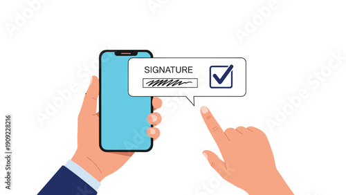 Hand holding a smartphone while another hand points to a digital signature window with a blue check mark verification.