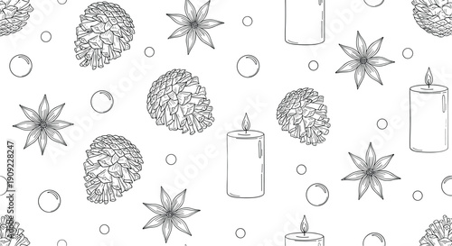 Hand drawn Christmas seamless pattern with pine cones candles stars and decorative elements in black and white winter holiday design