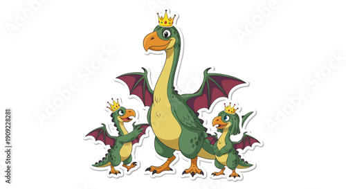 A Majestic Mother Dragon with Her Two Adorable Baby Dragons Wearing Tiny Crowns