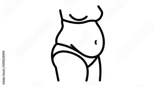 Simple black outline drawing of an overweight human belly for weight loss diet and body positivity concepts in healthcare.