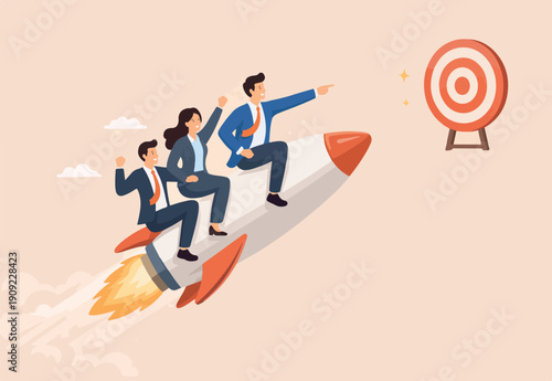  Team target achievement, reaching goal or success, teamwork strategy, challenge or aspiration to win together, leadership to lead team concept, business people riding rocket reach target bullseye