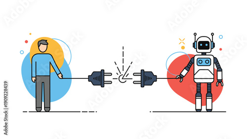 Human and robot attempting to connect electric plugs symbolizing collaboration between people and artificial intelligence future.