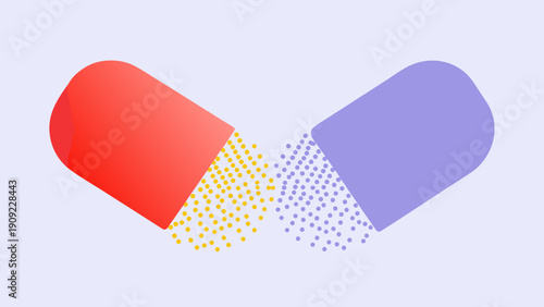 Flat abstract vector illustration of a colorful capsule dissolving into tiny particles on a soft background with medical and concept and symbol
