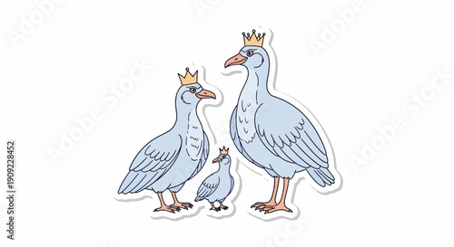 Three royal geese family illustration wearing crowns, standing together on white background