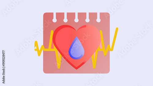 Stylized flat dropper icon with a single blue drop on a red heart on a pink background with yellow ecg lines on a light blue backdrop for medical and health concepts