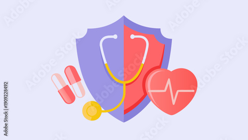 Flat icon of a shield with a stethoscope draped around it alongside pills and a heart with an ecg line on a light blue background representing healthcare protection