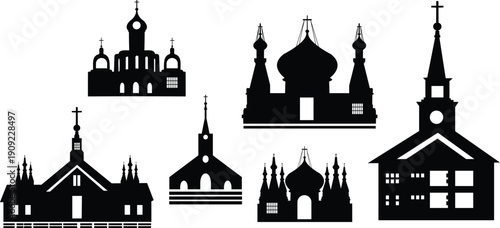 This vector illustration captures the silhouette of a historic European cathedral tower and city skyline, serving as a symbolic landmark of old religion and architectural art for travel and tourism de