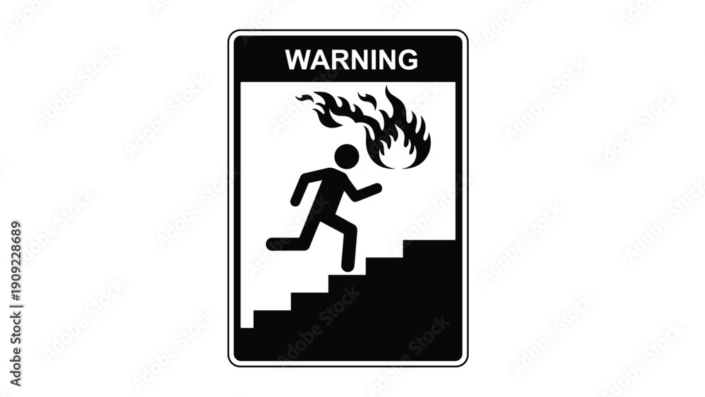 Fototapeta premium Black and white warning sign showing a person running down the stairs with fire to illustrate emergency exit and safety.