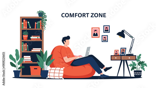 Young man working on a laptop from a bean bag chair at home labeled as comfort zone for remote work and digital lifestyle.