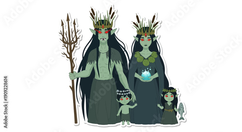 Mythical Family of Forest Spirits or Water Nymphs in a Stylized Illustration