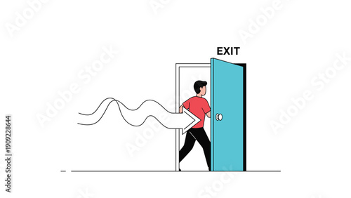 Young man walking through an open exit door guided by a large arrow for leaving and wayfinding concepts in a building.