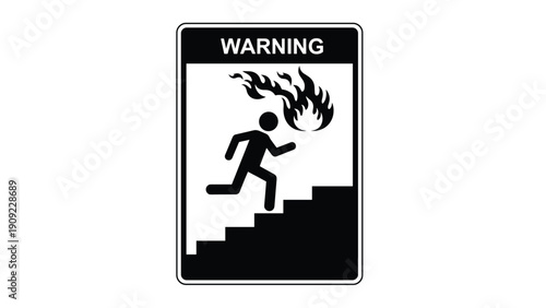 Black and white warning sign showing a person running down the stairs with fire to illustrate emergency exit and safety.