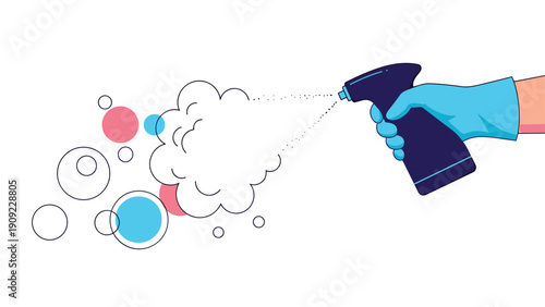 Hand in a blue glove using a spray bottle with cleaning foam for sanitation disinfection and hygiene service in the home.