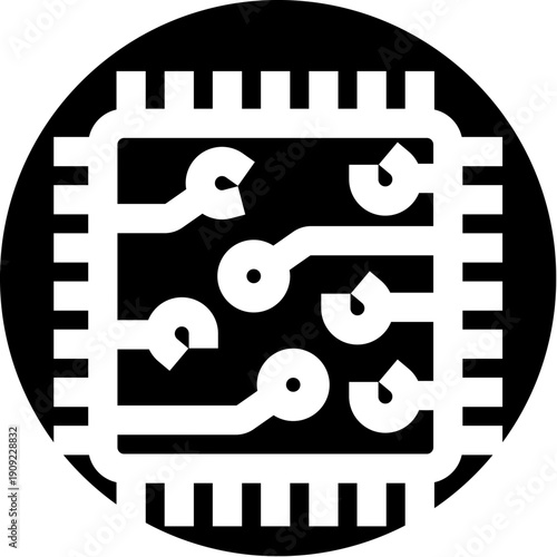 Microchip icon showing interconnected circuits and pathways on a cpu, representing computing power, digital intelligence, modern technology and sleek black and white design