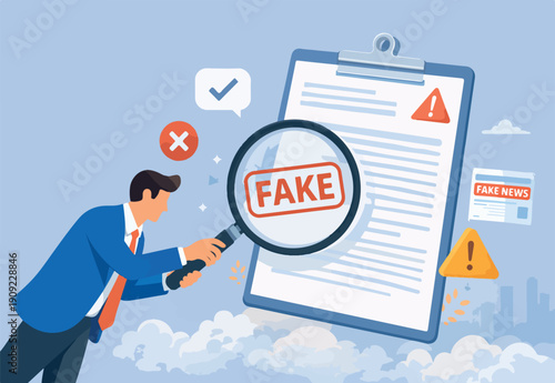 Fake document, wrong information verification or fake news inspection, fraud and illegal reports concept, smart businessman inspector using magnifying glass to verify fake document.