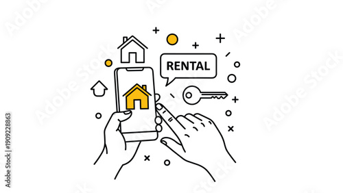 Person using a smartphone app for house rental and real estate search with minimalist icons of keys and homes on background.