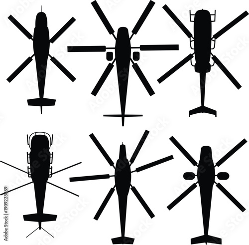Black silhouette vector set of military and civilian helicopters in top view with rotating blades isolated on white background for aviation and transport design