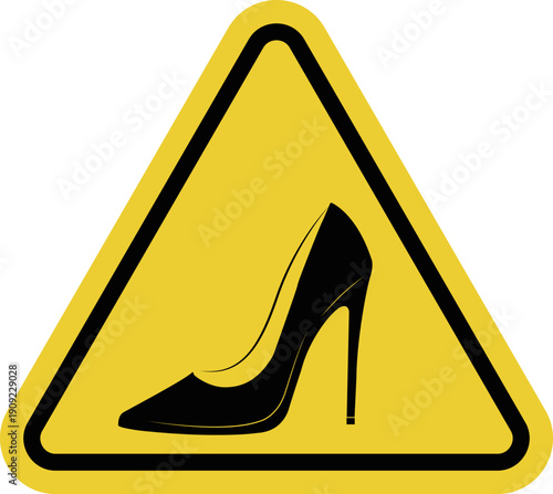 Yellow triangle warning road sign with an image of a woman's high heeled shoe inside. It draws attention to road conditions and improves safety.