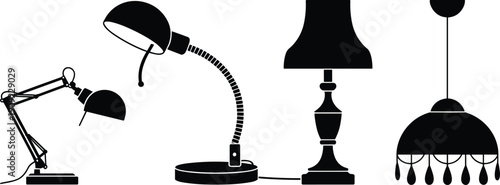 Black silhouette vector set of various interior lamps including desk lamp table lamp and hanging chandelier isolated on white background for home furniture design
