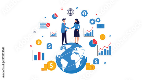 Global business partnership concept with a man and woman shaking hands while standing on a world globe surrounded by finance icons.