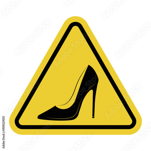 Yellow triangle warning road sign with an image of a woman's high heeled shoe inside. It draws attention to road conditions and improves safety.
