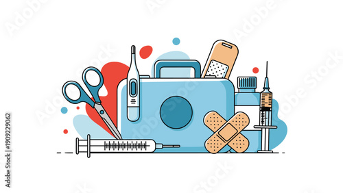 Medical first aid kit box with various essential supplies including scissors, thermometer, bandages, syringe, and medicine bottle.