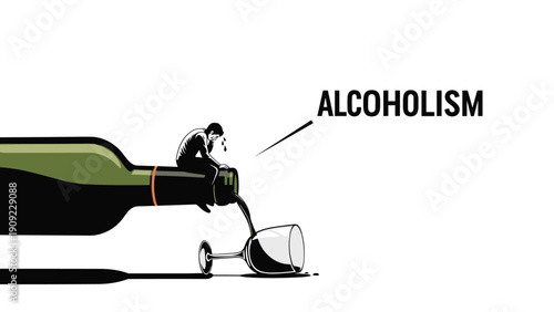 Metaphorical illustration of alcoholism with a small man sitting on an alcohol bottle pouring its contents into a tilted glass.