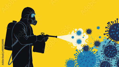 Person in a protective hazmat suit spraying disinfectant to kill virus cells and bacteria during a pandemic or chemical cleaning.