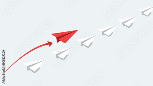 Leading red paper plane flying away from a group of white paper planes with a red arrow showing the path of innovation.