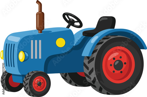 Blue Farm Tractor Illustration with Red Wheels and Exhaust Pipe for Agriculture and Farming Machinery Concept Isolated on White Background for Rural Industrial Design