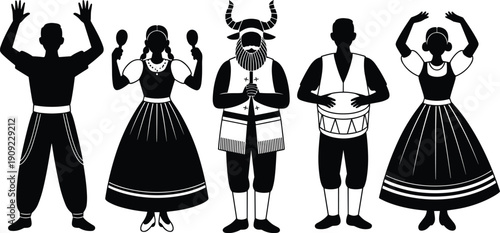 Silhouette illustration of diverse cultural dancers and musicians in traditional attire with maracas, drum, Viking figure, and folk costumes for heritage, art, and performance design