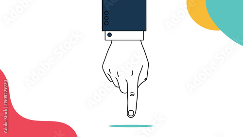 Close up of a human hand with one finger pointing downwards from a dark blue suit sleeve on a colorful background.