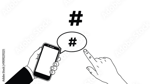 Hand holding a smartphone with hashtag symbols floating around it representing social media marketing and trending topics.