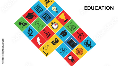 Collection of colorful education and learning icons arranged in a diagonal grid pattern with the word education text.