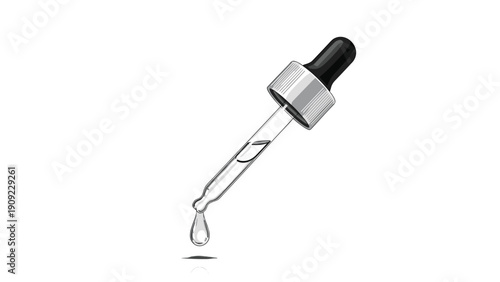 Detailed medical dropper with a single drop of clear liquid falling from the tip on a clean white background.