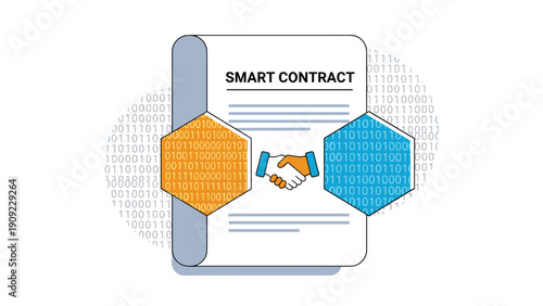 Smart contract concept with two hands shaking on a digital document document containing binary code and blockchain security.