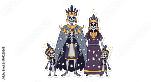 Skeleton family in celestial royal attire celebrating a festive occasion