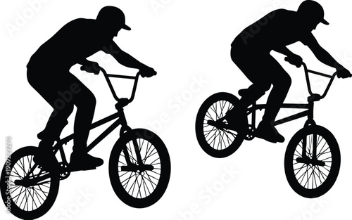 BMX Bike Rider Silhouette Set, Extreme Sports Athlete Performing Stunts and Jumps, Bicycle Motocross Action Vector Illustration for Youth Lifestyle Graphic Design