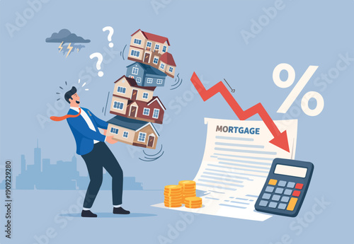  Housing investment risk, uncertainty of property mortgage loan and interest rate, real estate debt, buying too many houses concept, tried businessman balancing unstable stack of houses bought
