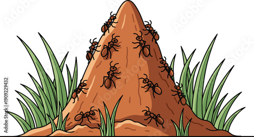 Cartoon ant hill with many ants crawling, insect colony nest in grass, nature wildlife illustration isolated on white background, teamwork concept