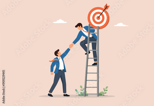  Support or mentor to achieve business success, teamwork collaboration or partnership help to reach target concept, businessman coworker support his colleague reaching climb ladder of success