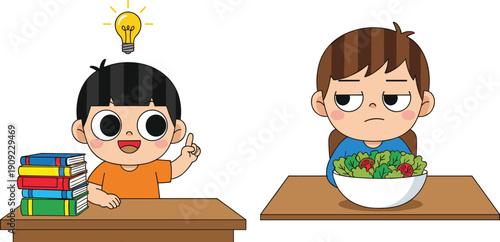 Cartoon kids at tables showing healthy eating and learning concept, smart child with idea bulb and books, picky eater with salad vector.