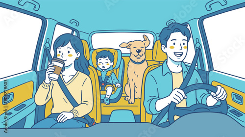 家族と犬が車でドライブするシーン 安全運転とファミリー移動のイラスト