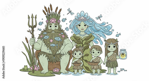 Enchanting Water Sprite Family Depicted In Whimsical Illustration With Dragonflies