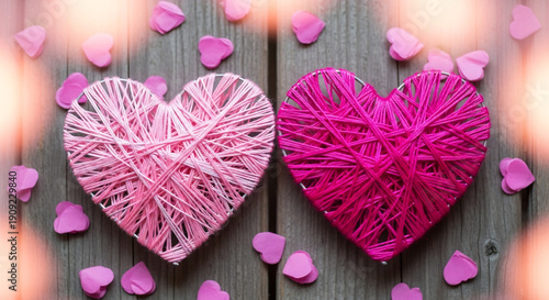 Two hearts intertwine lovingly upon vintage wooden backdrop