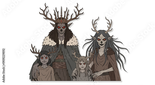 Fantasy Forest Creatures Family Portrait Illustration for Halloween and Mystical Themes