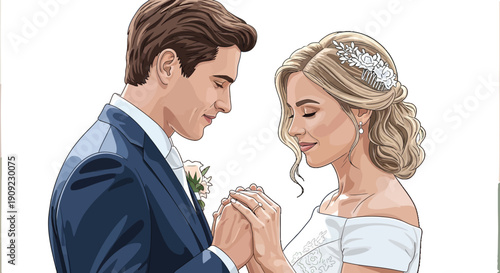 Romantic illustration of a bride and groom holding hands at a wedding