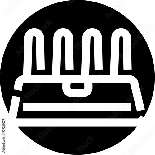 Black and white circular icon presenting a wi fi router with three strong signal waves, depicting internet connectivity, network strength, and digital communication technology