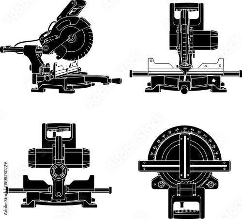 4 view Professional Miter Saw Vector Illustration Set: Sliding Compound Saw Silhouette Collection for Carpentry, Construction, and Workshop Projects - Detailed Views and Angle Gauge